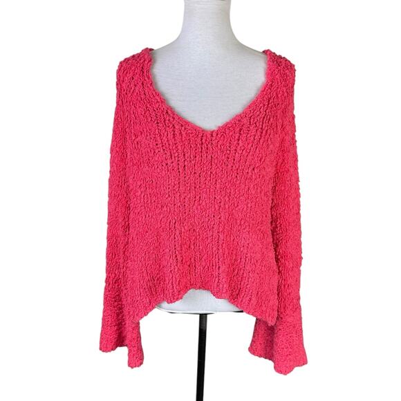 Free People Sand Dune Pullover Coral Pink V-Neck Long Bell Sleeve Fuzzy Sweater - Picture 2 of 12